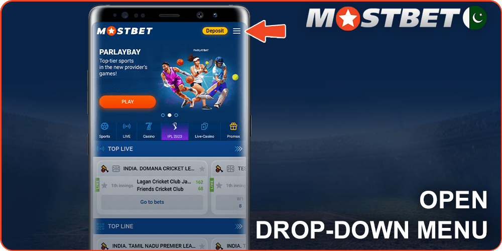 Open the drop down menu on Mostbet