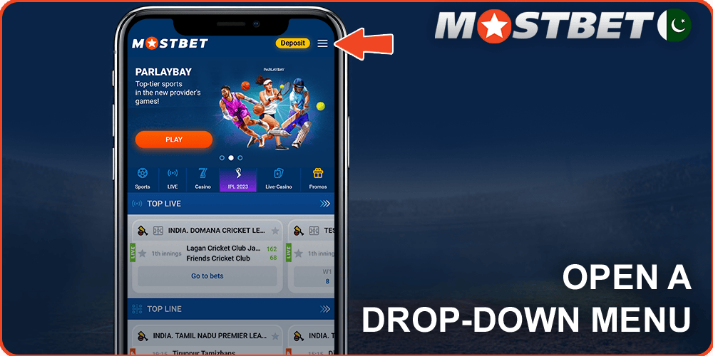 Open the drop down menu on Mostbet
