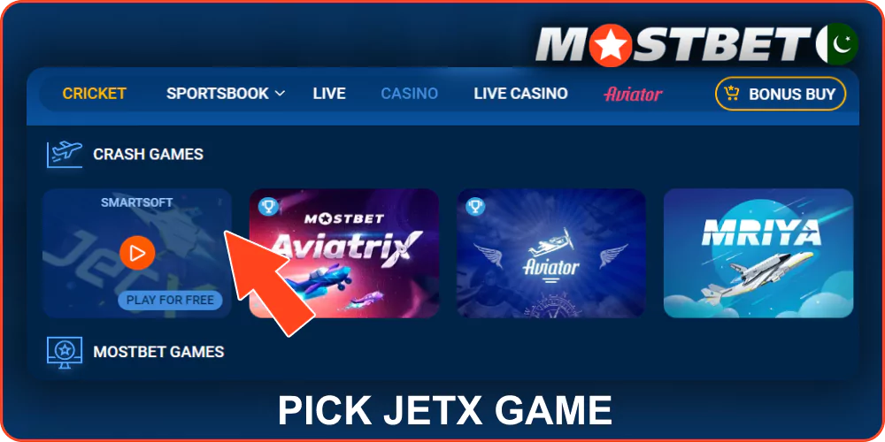 Choose a JetX game from the Mostbet Pakistan games catalog